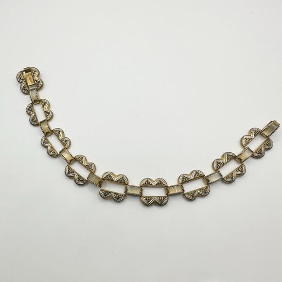 Vintage Bracelet 7" Spain Damascene Mother of Pearl Link Etched Copper Retro - Picture 1 of 11